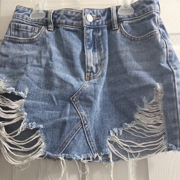 Pacsun Los Angeles Denim Mini Skirt Jean Cut Button Zip Distressed Waist 25 - Picture 2 of 8